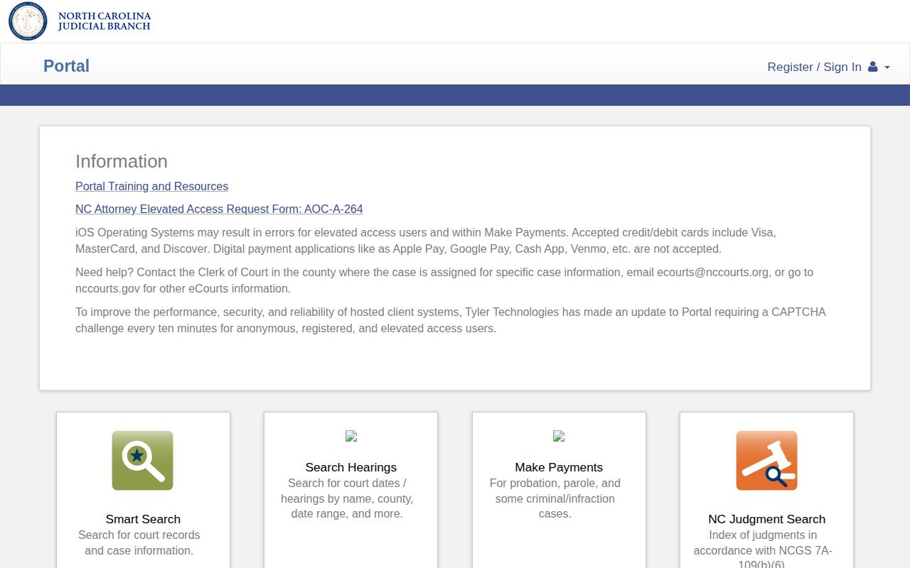 NC eCourts Public Smart Search interface for checking a Hyde County arrest case