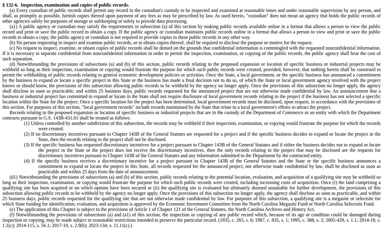 North Carolina public records inspection and copy statute