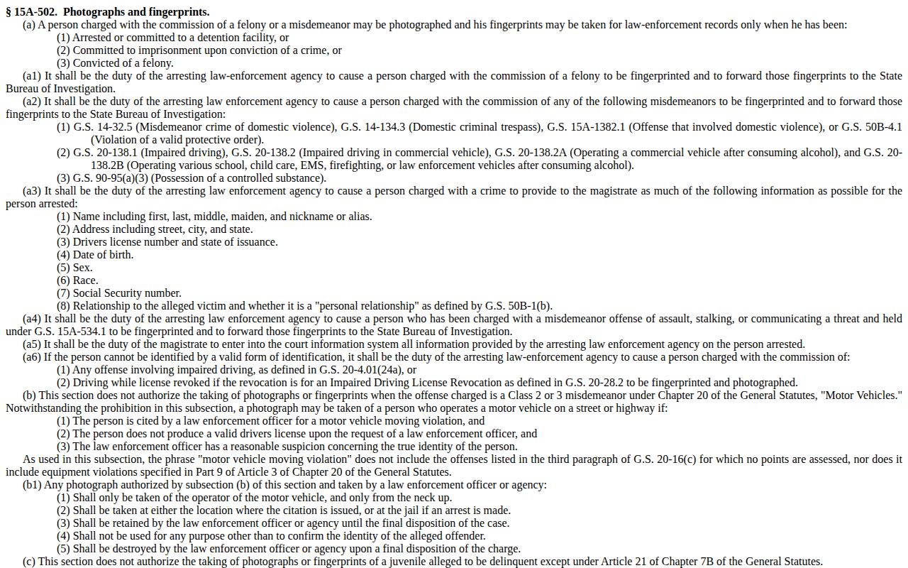 North Carolina arrest photograph and fingerprint statute page