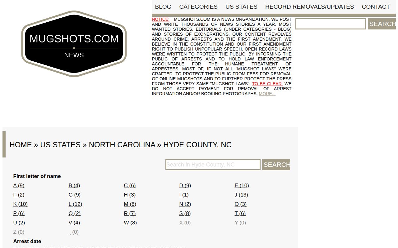 Unofficial Mugshots.com Hyde County history filters and missing-photo labels