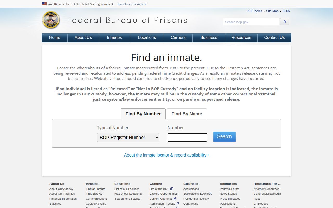 Federal Bureau of Prisons Inmate Locator for custody searches outside Hyde County VINELink